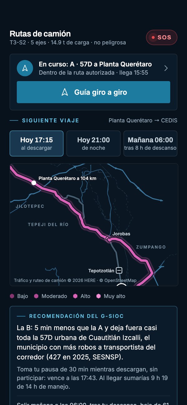 En carga, las rutas se calculan para camión y marcan cuáles autorizó la torre de control.