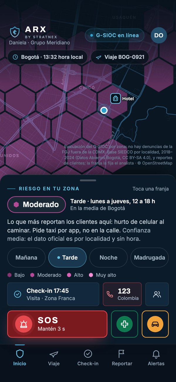 Pantalla de inicio de ARX: el mapa de riesgo de la zona, el check-in del día y la barra fija con el botón de auxilio.