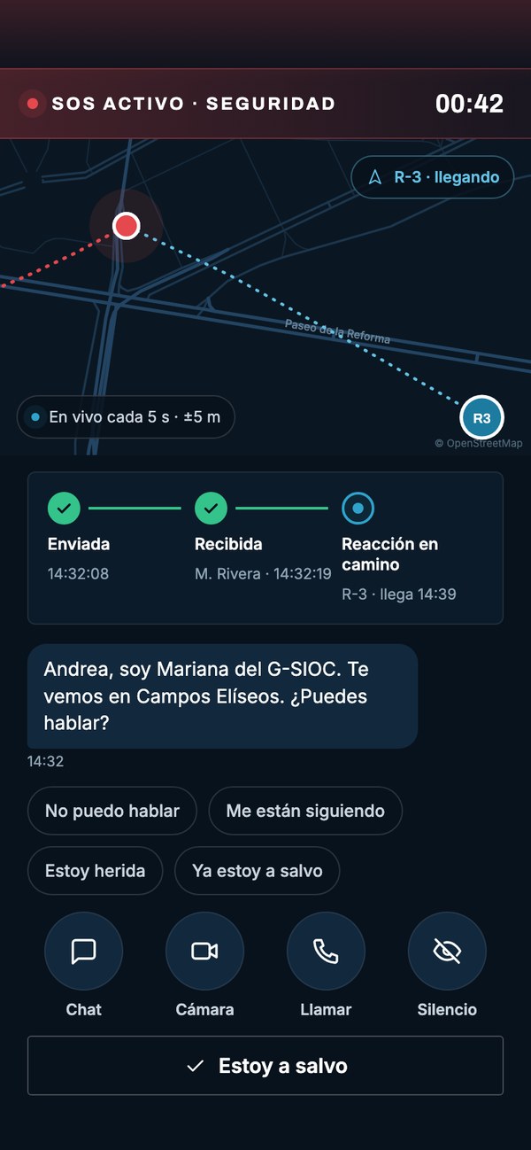 Alerta activa: la ubicación en vivo, el avance de la reacción y los botones de chat, cámara y llamada con el operador.