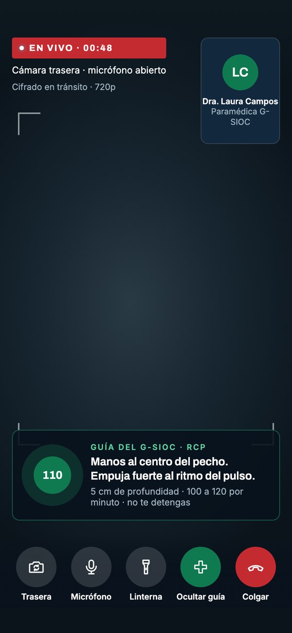 Transmisión de cámara y micrófono con una paramédica del G-SIOC, que envía la guía de reanimación.