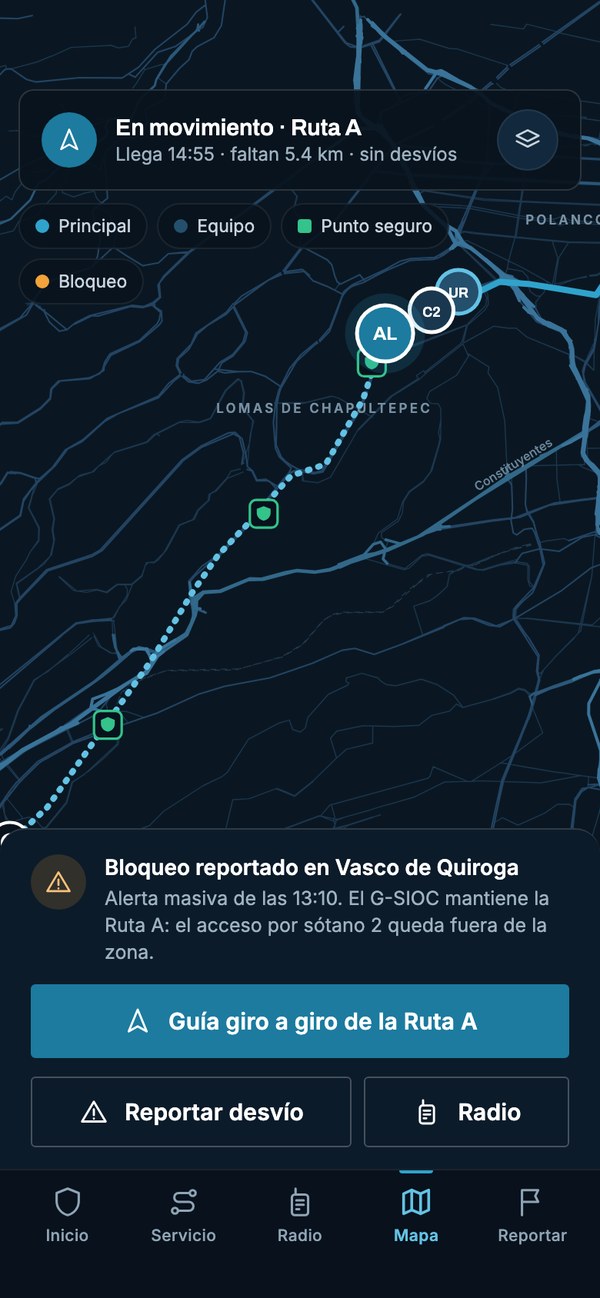 Mapa del servicio: el vehículo principal, el de seguimiento, los puntos seguros y un bloqueo reportado en la ruta.